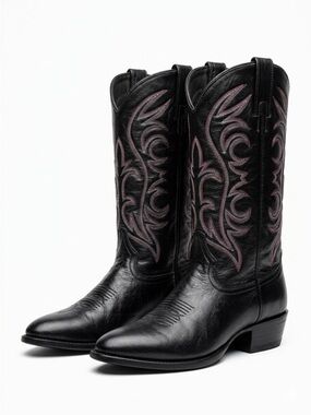 Bronco Western Cowboy Boots Red Stitching Leather Black Mens 10 D